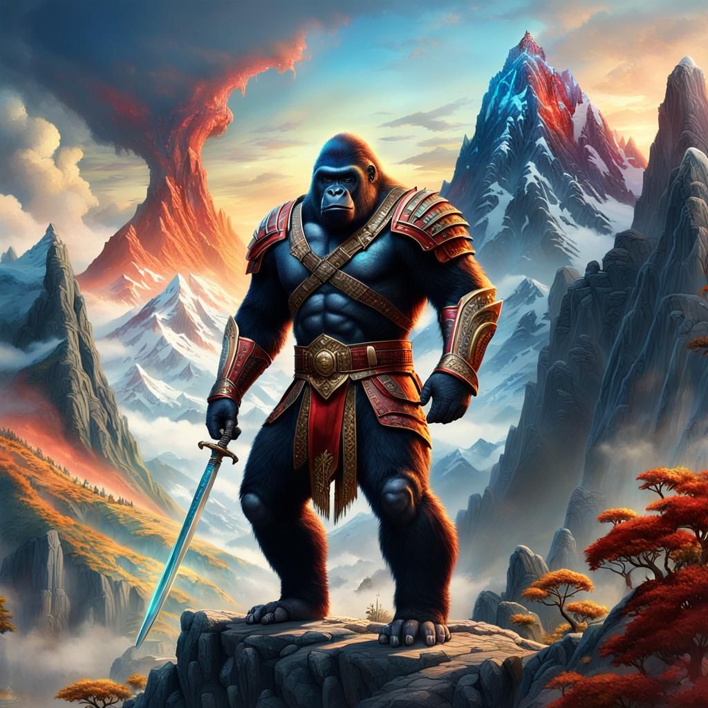 Heroic Gorilla General on Mountain Peak
