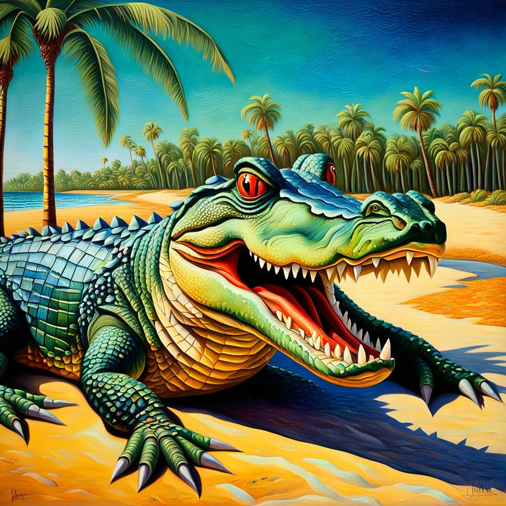 Fantastical Beach Scene in Vibrant Oil Painting Style