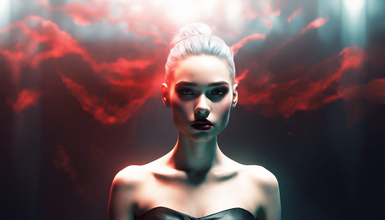 Dark Fantasy Concept Art. Medium Shot. A teenage girl stands in a dark, mystical environment. Low Angle. Inspired by Reb...