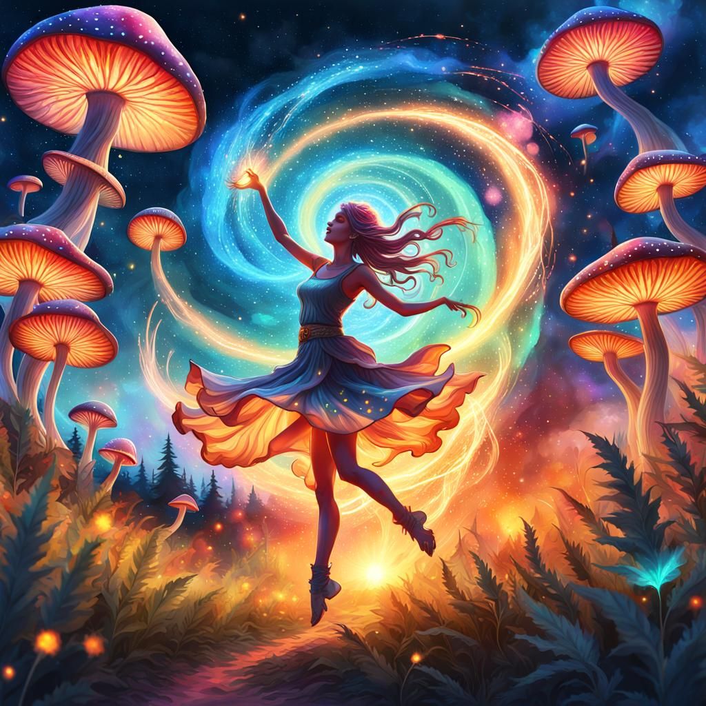 Fairy Dancing in Psychedelic Mushroom Field, Watercolor Art