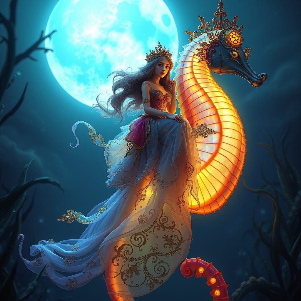 Regal Little Mermaid on a Majestic Seahorse in Dark Fantasy