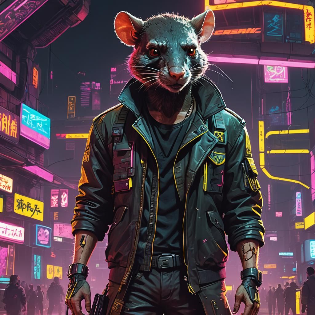 Cyberpunk Half-Man Half-Rat Creature in Neon City