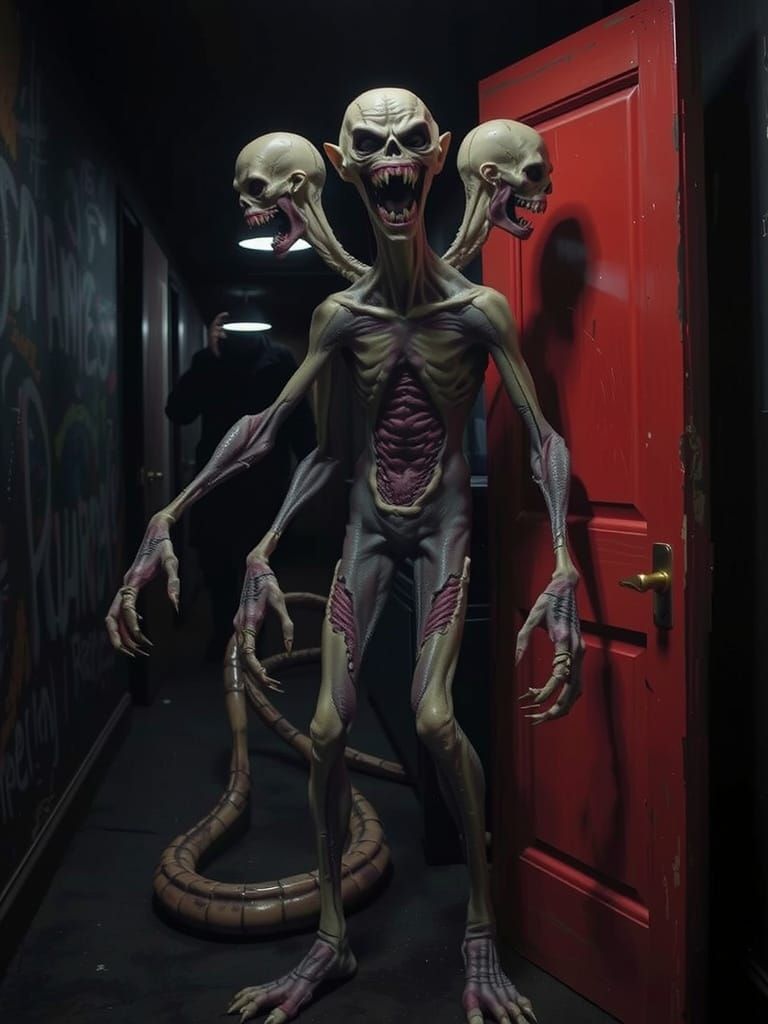 Terrifying Fusion of Mythological Horrors in Dark Bedroom