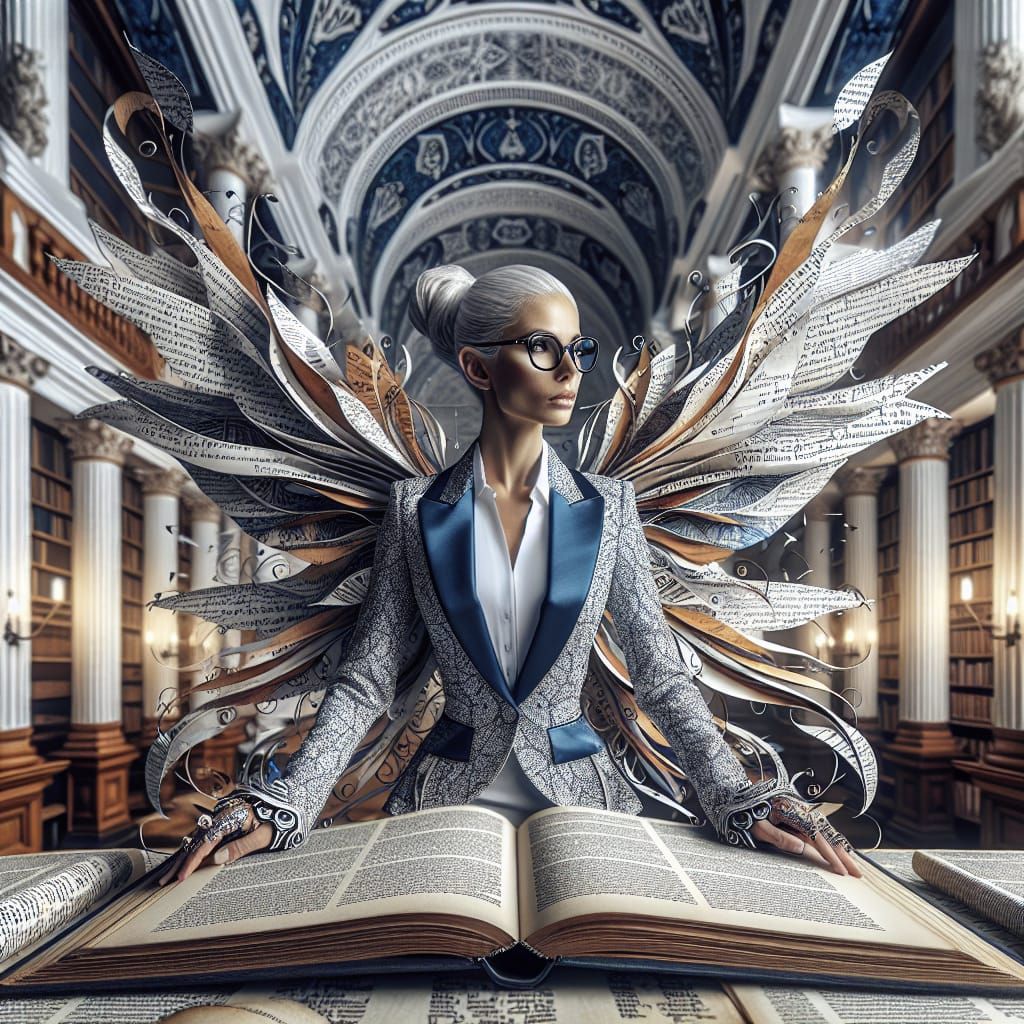 Fairy Librarian in Grand Library with Book Page Wings
