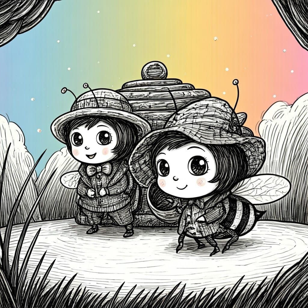 Whimsical Chibi Bees Build Happy Hive in Bright, Bold Illust...