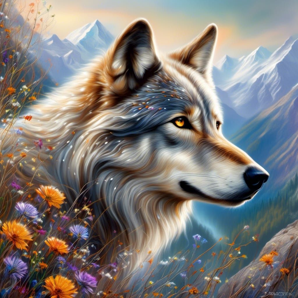 Wolf Portrait with Wildflowers in Cavalaris Style