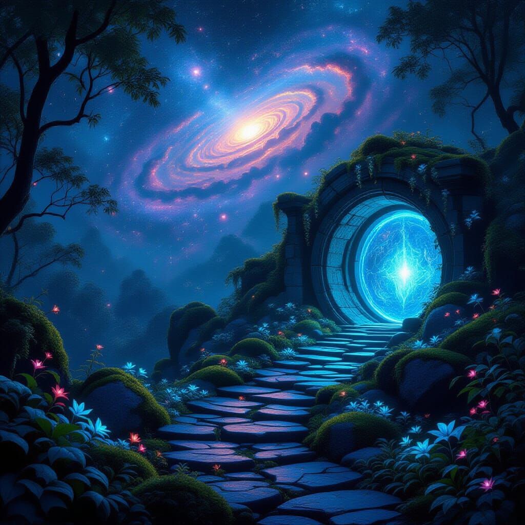 Bioluminescent Garden Under Cosmic Sky