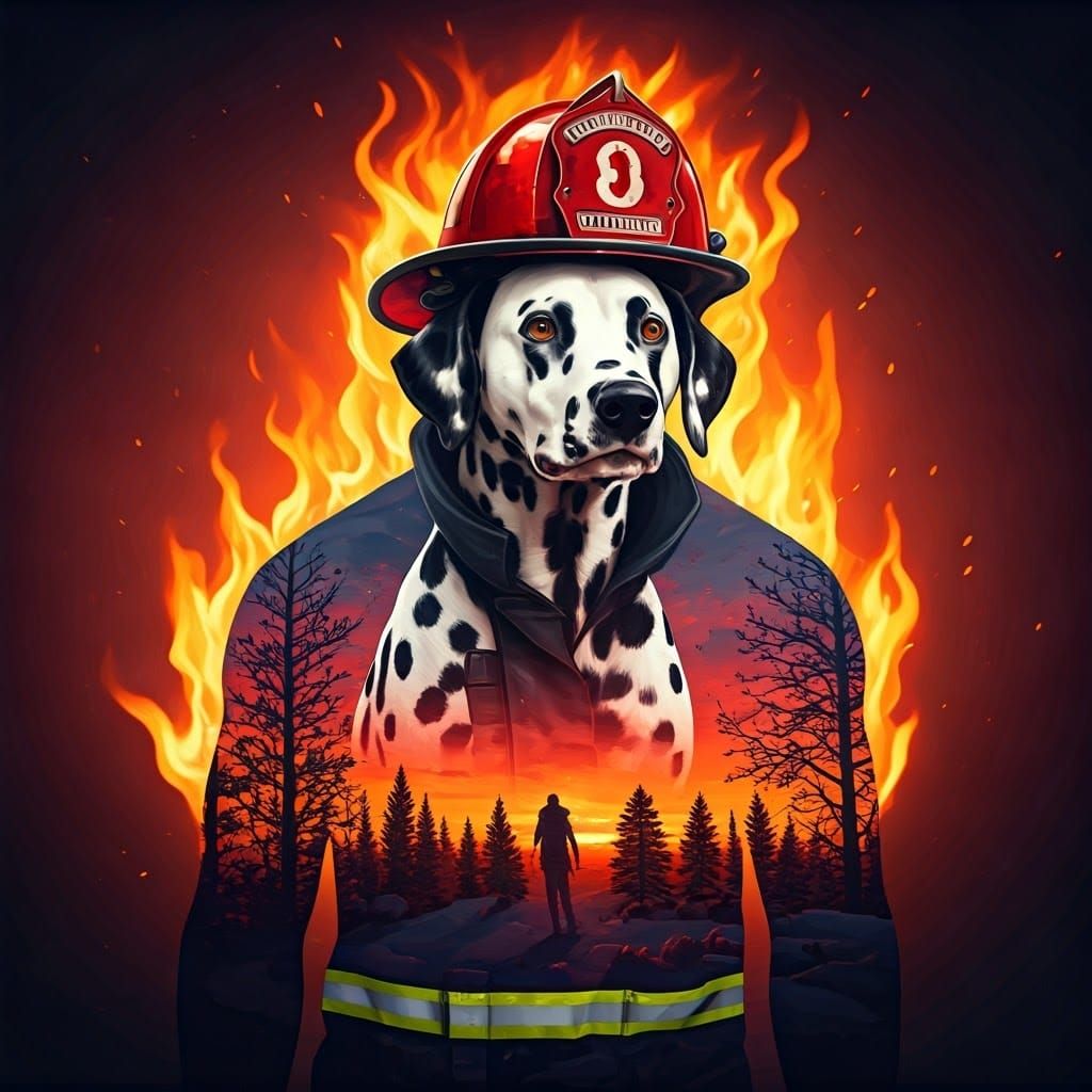 Surreal Firefighter Double Exposure Watercolor Landscape