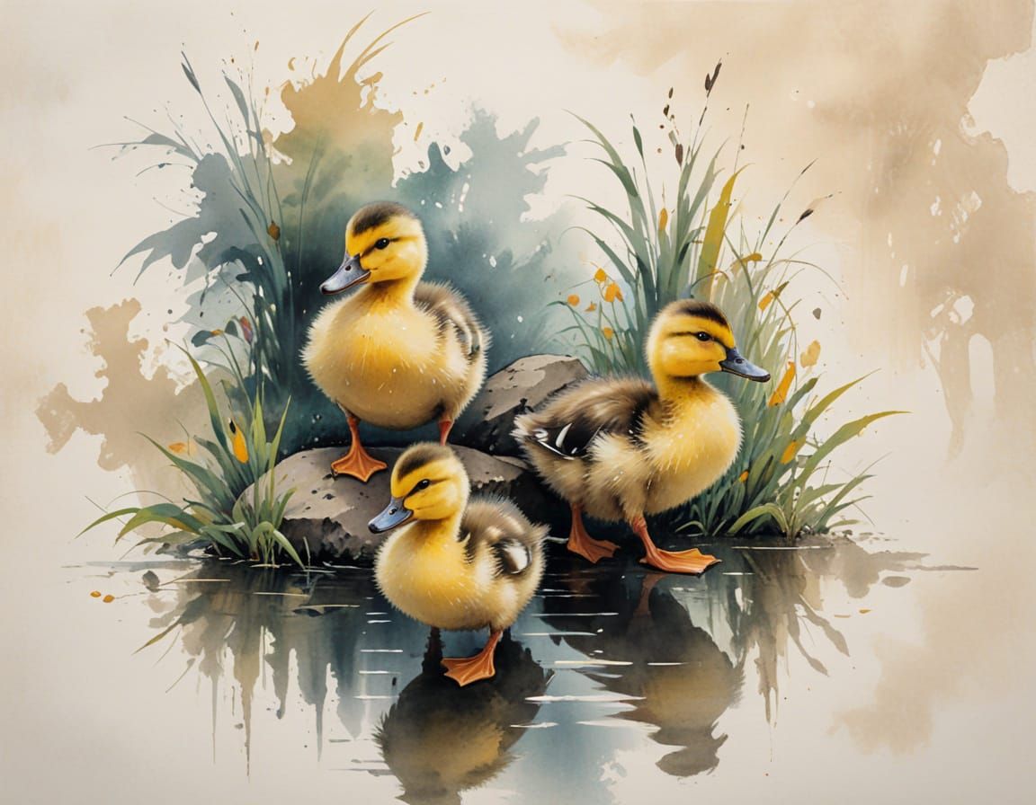 Ducklings on Puddle Path in Ink Wash Style