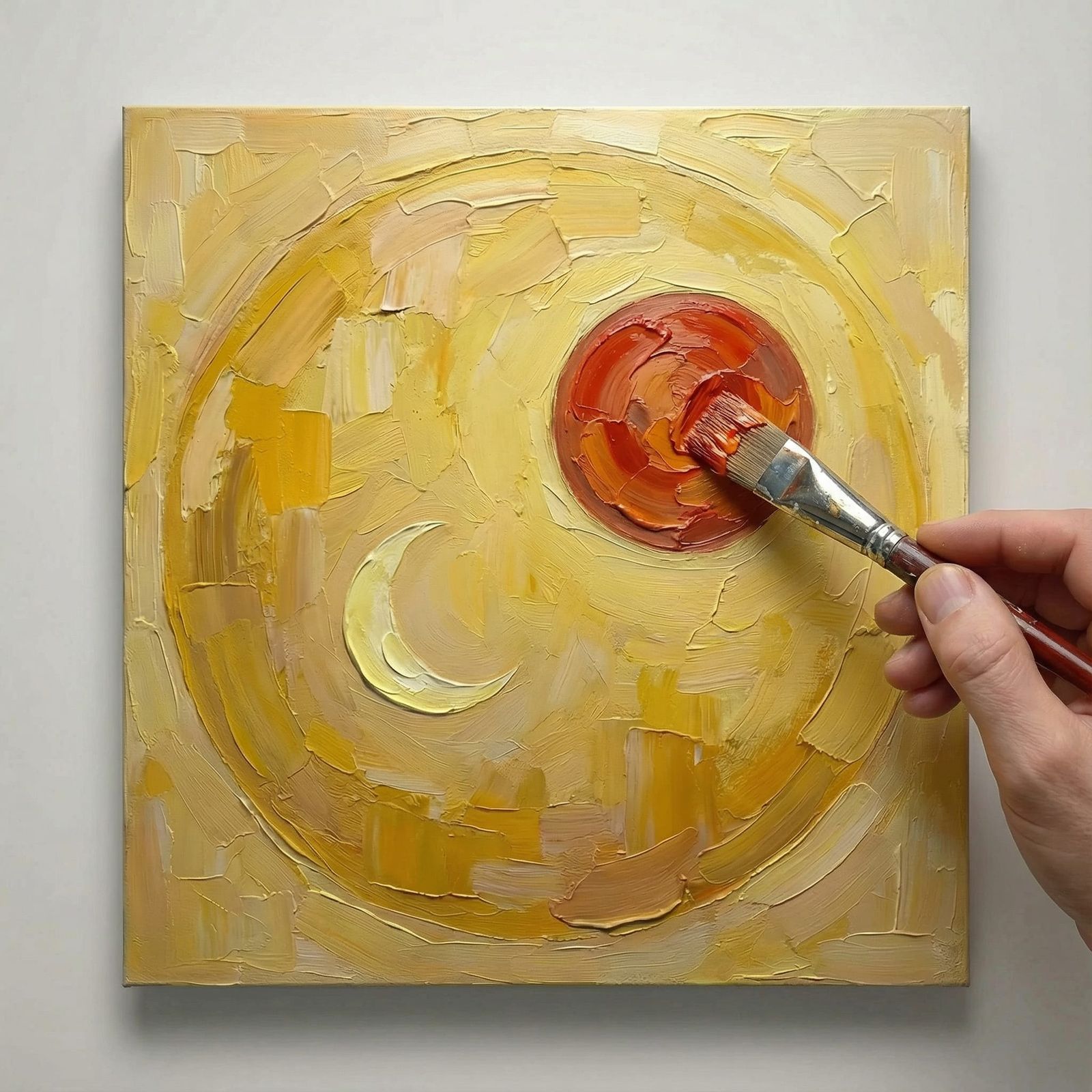 Abstract Cosmos Circle in Yellow Impasto Oil Painting