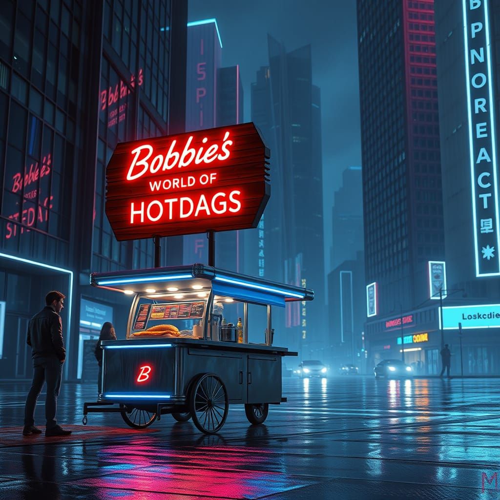 A futuristic dark city street lit only by bright neon Signag...