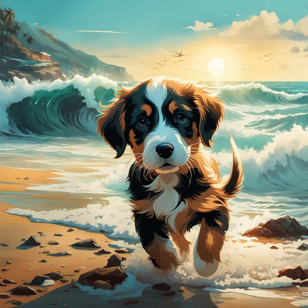 Puppy's Beach Day: Hyperdetailed Wave Encounter