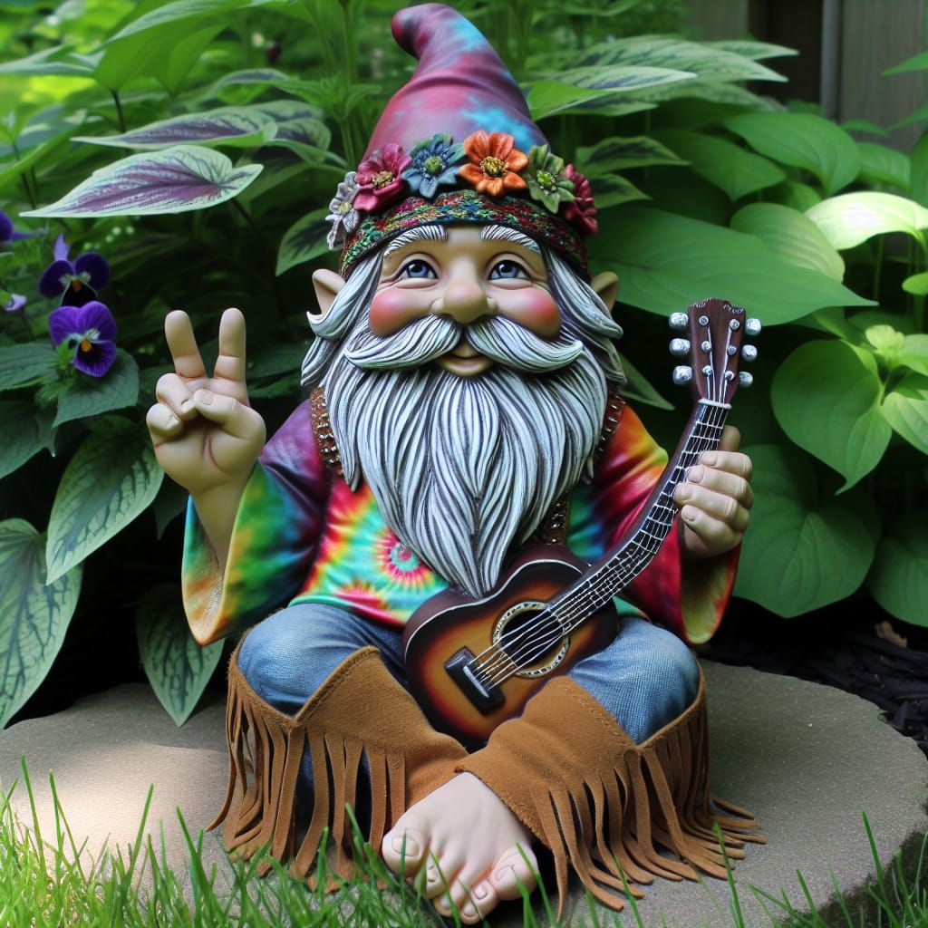 Garden gnome dressed in hippie clothing giving the peace sign, sitting holding a guitar