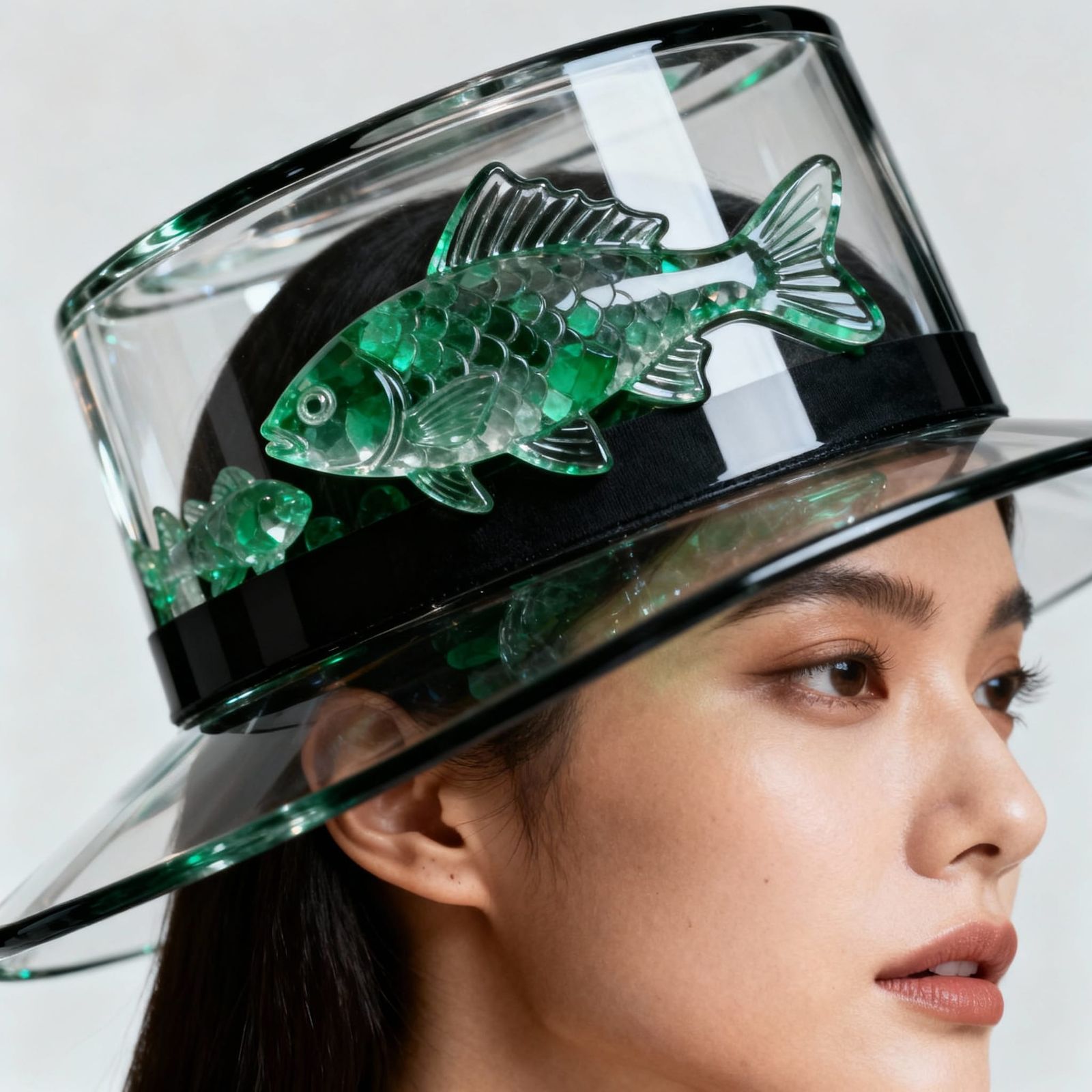 Bulletproof Glass Hat with Emerald Fish Accents