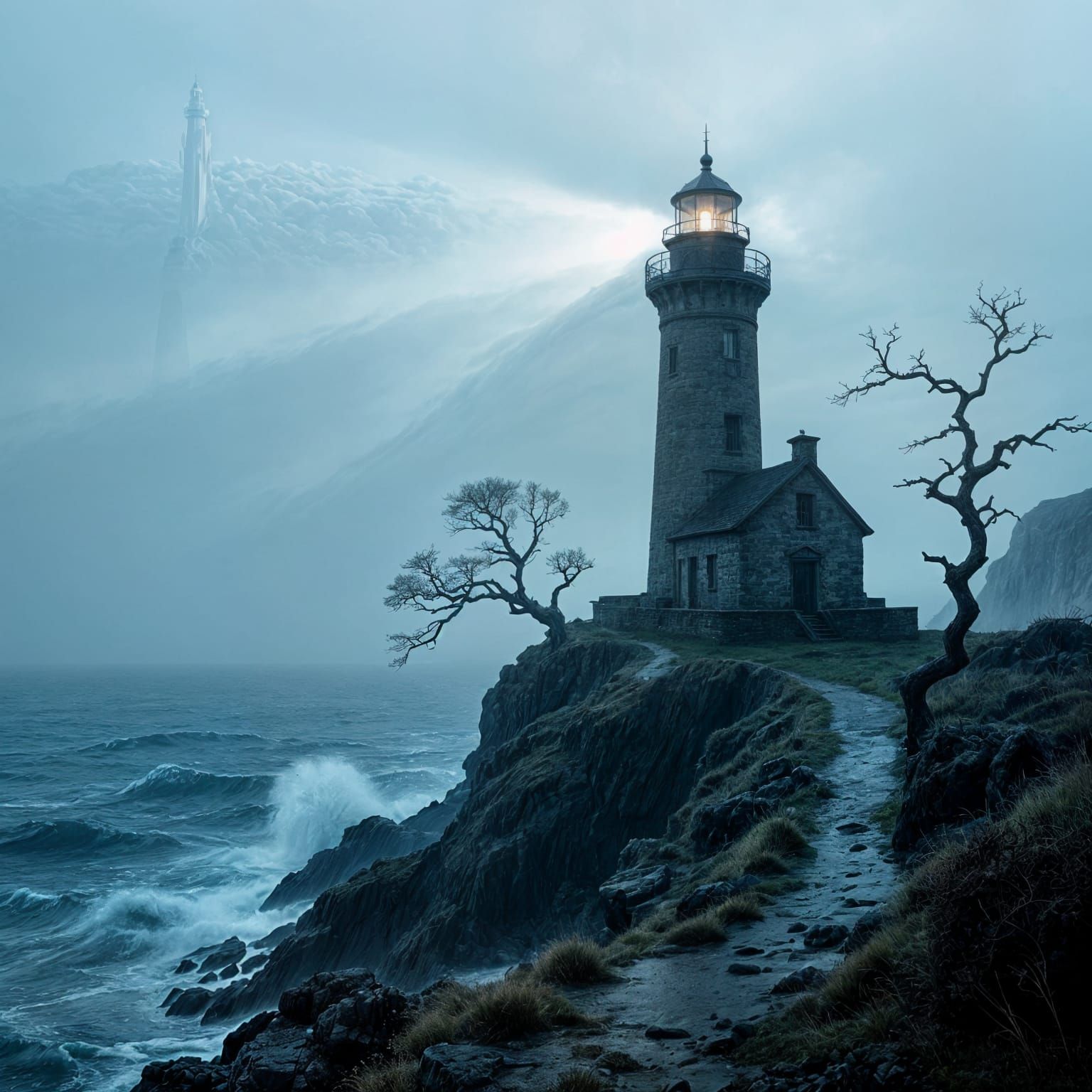 Ancient Lighthouse in Stormy Sea Gothic Horror Photography