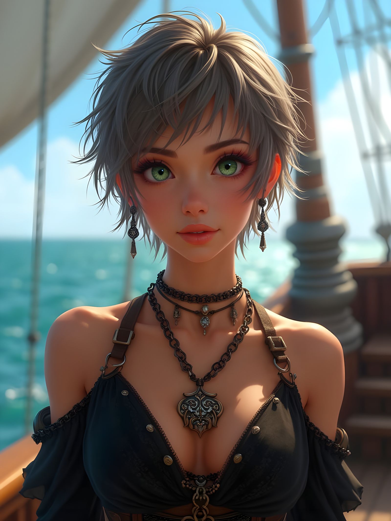 Pirate Woman with Green Eyes on Ship Deck