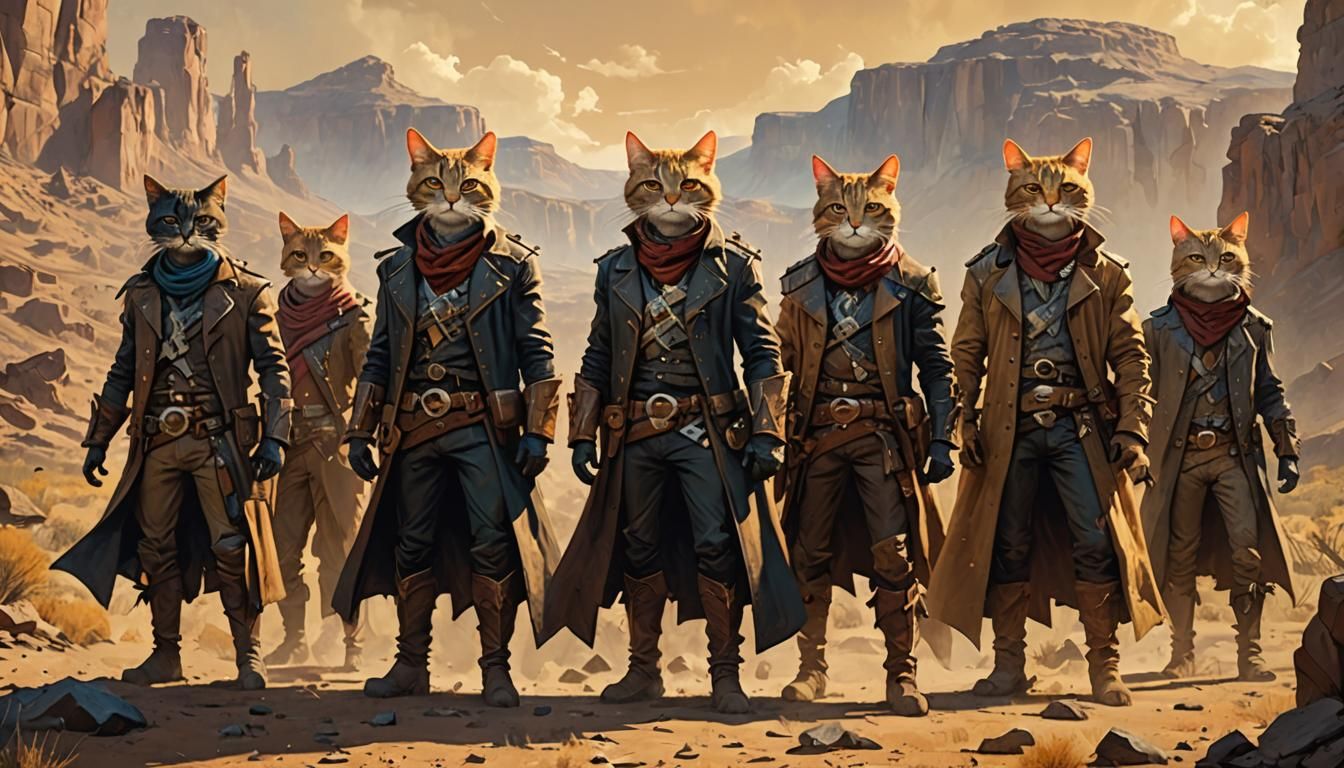 Heroic Cats in Fantasy Western Landscape