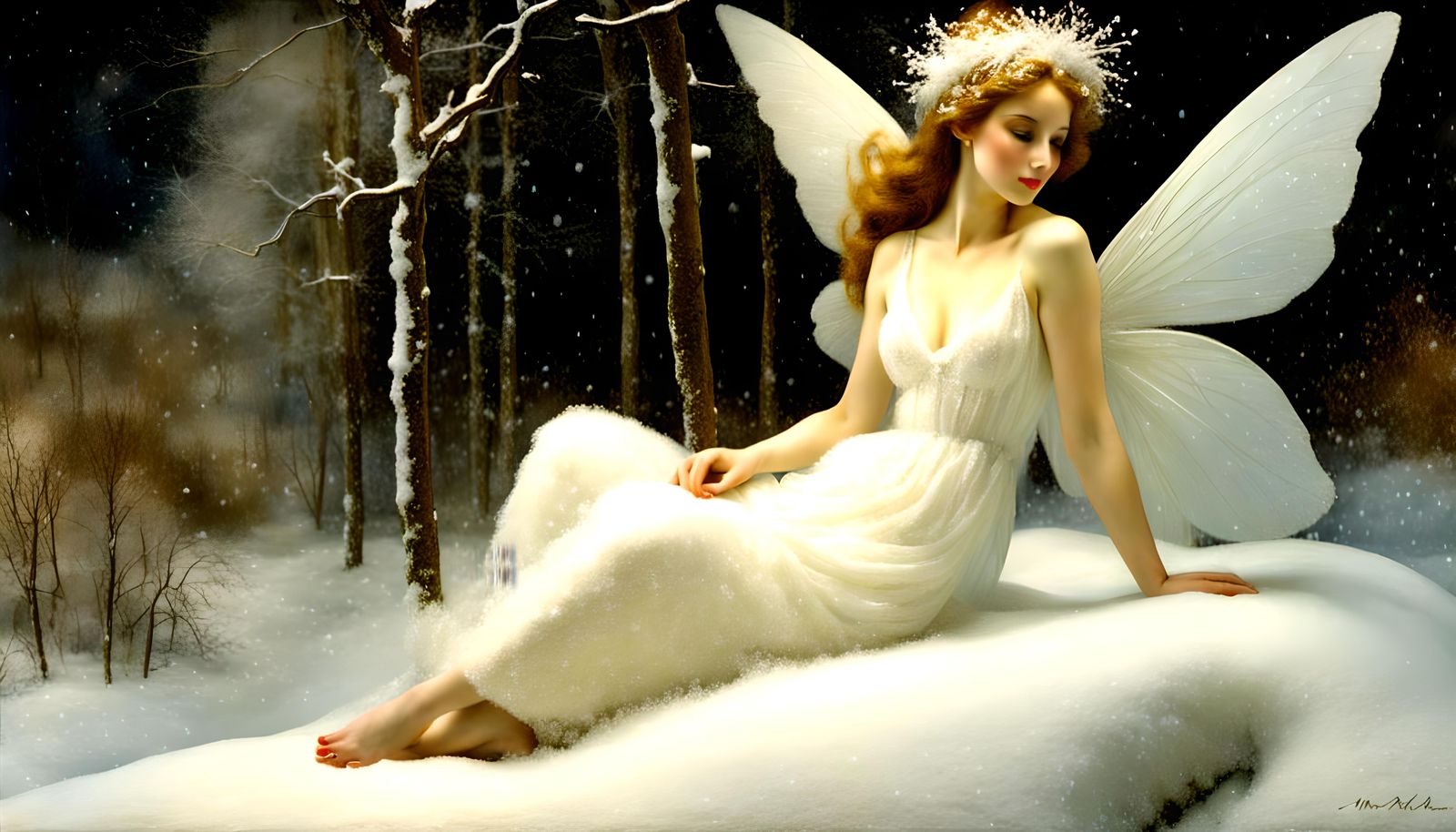 Beautiful snow fairy, wearing white, By mordecai ardon