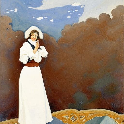 Girl in Snowdrift: Gouache Portrait in Fairycore Style