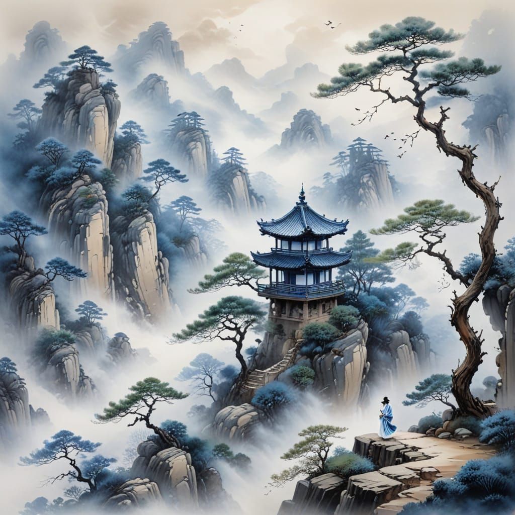 Blue and White Ink Painting of Mountain Pavilion
