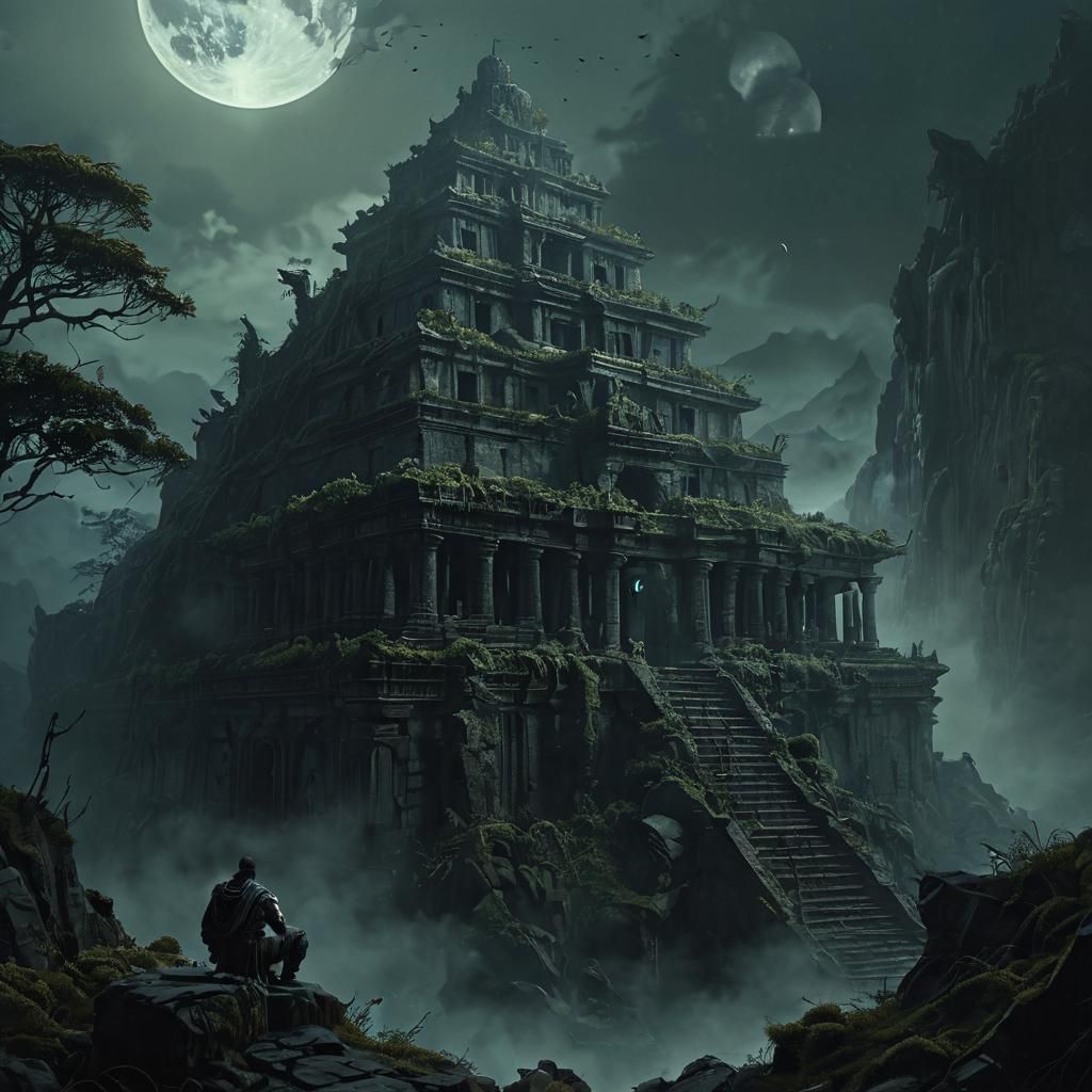 Mystical Temple Under Giant Moon: Dark Fantasy Art