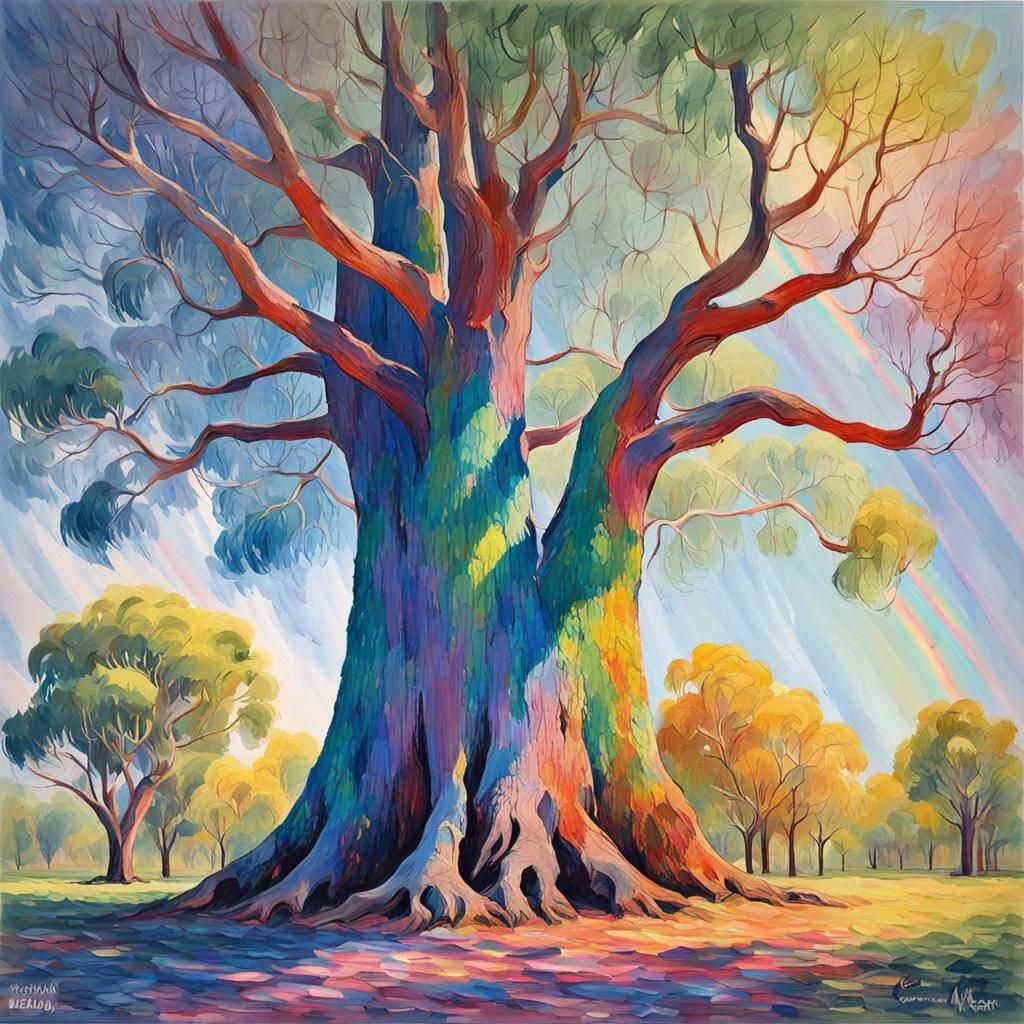 Rainbow Eucalyptus Tree in Gouache Impressionism