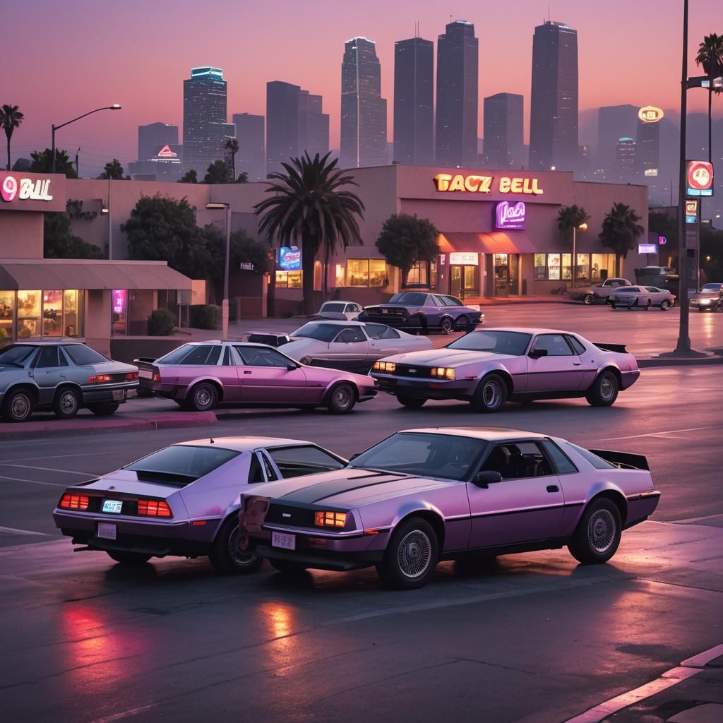 Retrofuturistic Cars at Taco Bell in Vaporwave Cityscape