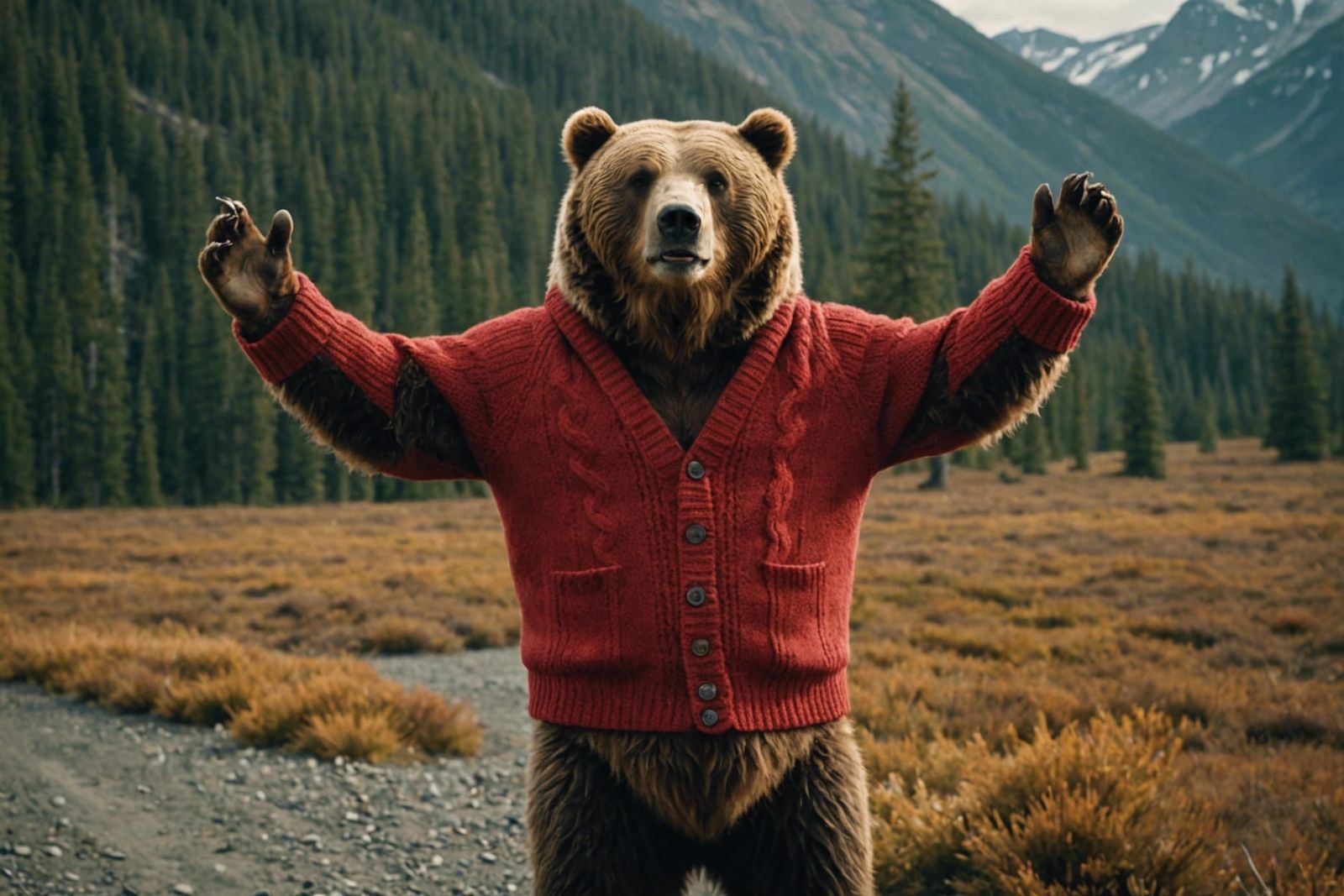 Kodiac Bear Waving Hello in Red Cardigan
