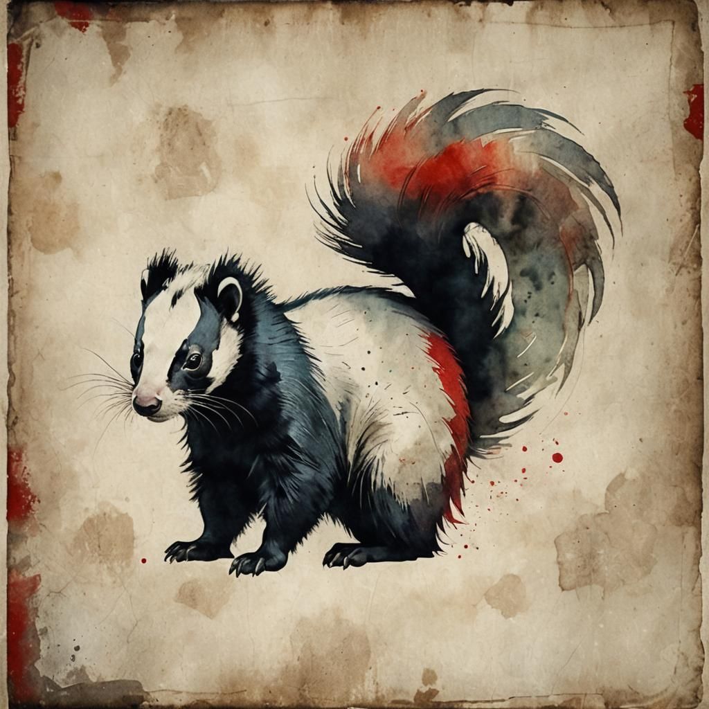 Colorful Skunk Portrait in Ink Wash Technique