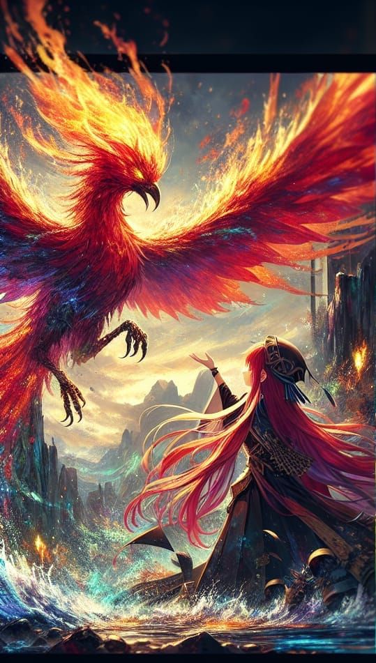 Anime Girls and Phoenix in Detailed Digital Art