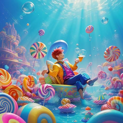 Boy in Underwater Candyland: Digital Illustration
