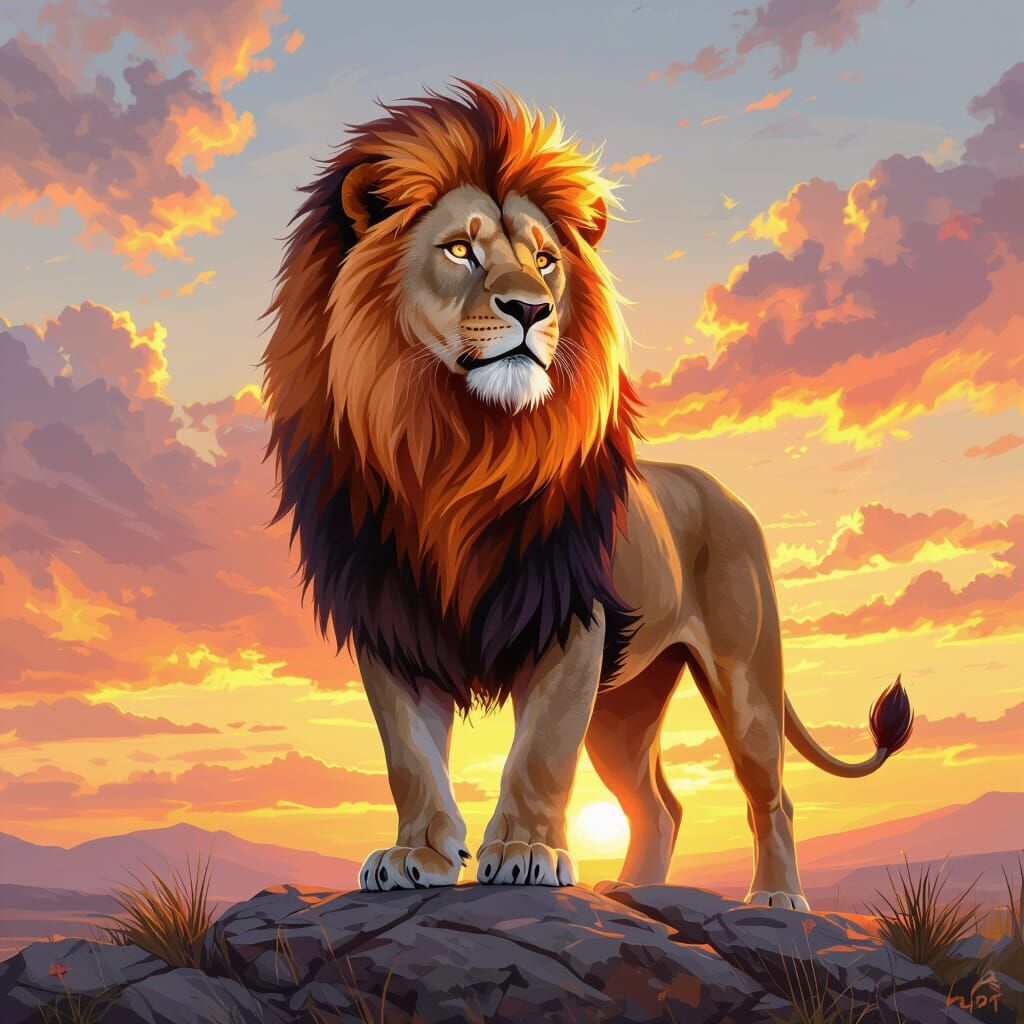 Fiery Lion on Rocky Outcrop at Sunset