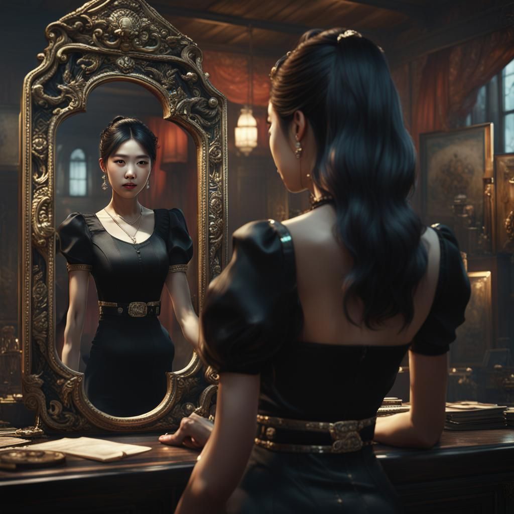 Korean Mafia Girl in Mirror, Detailed Matte Painting