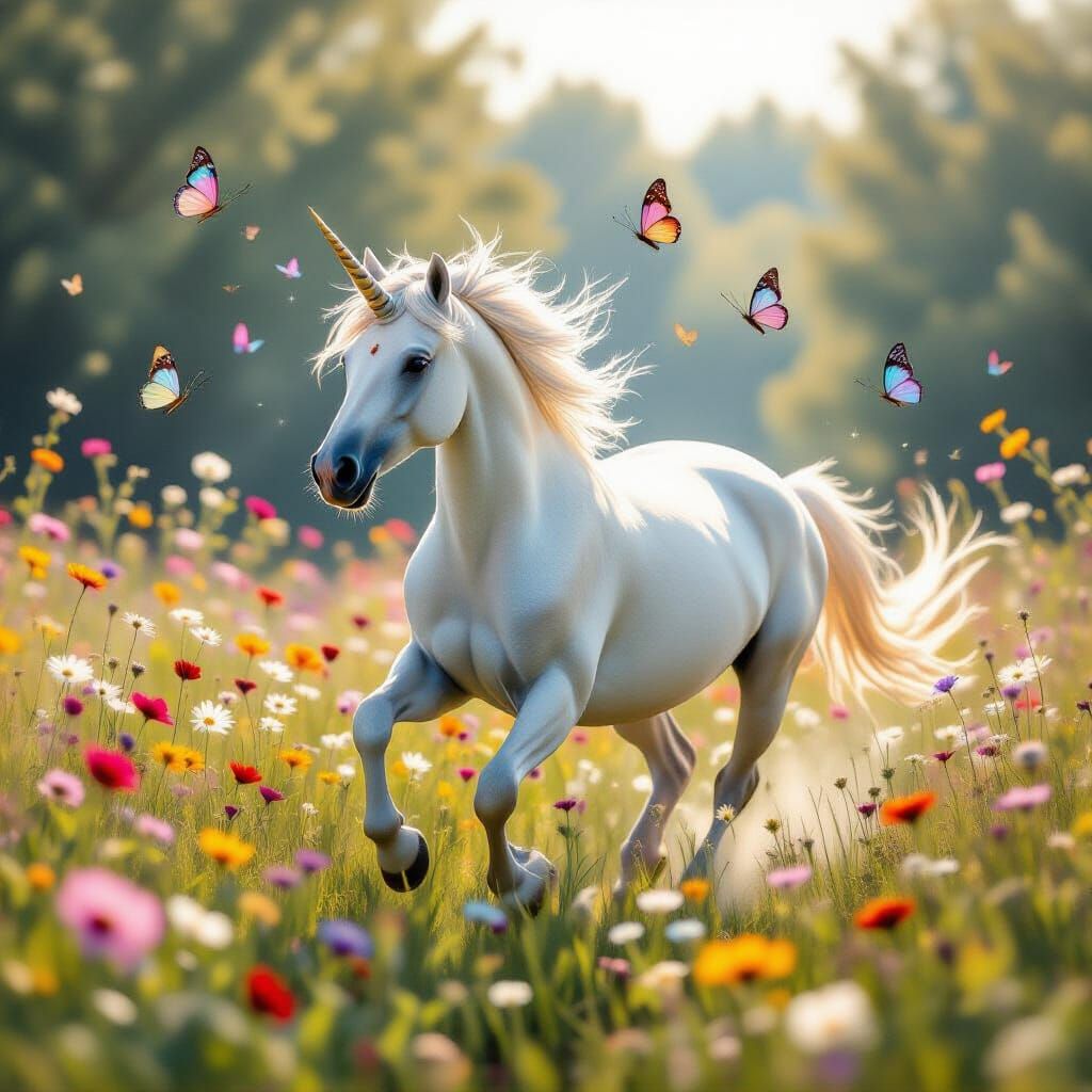 Majestic Unicorn Gallops Through Blooming Meadow