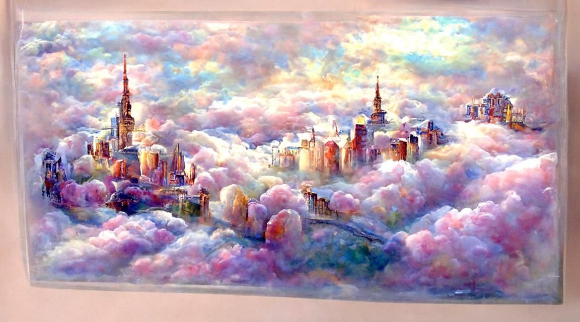 City in the Clouds in Kinkade Style
