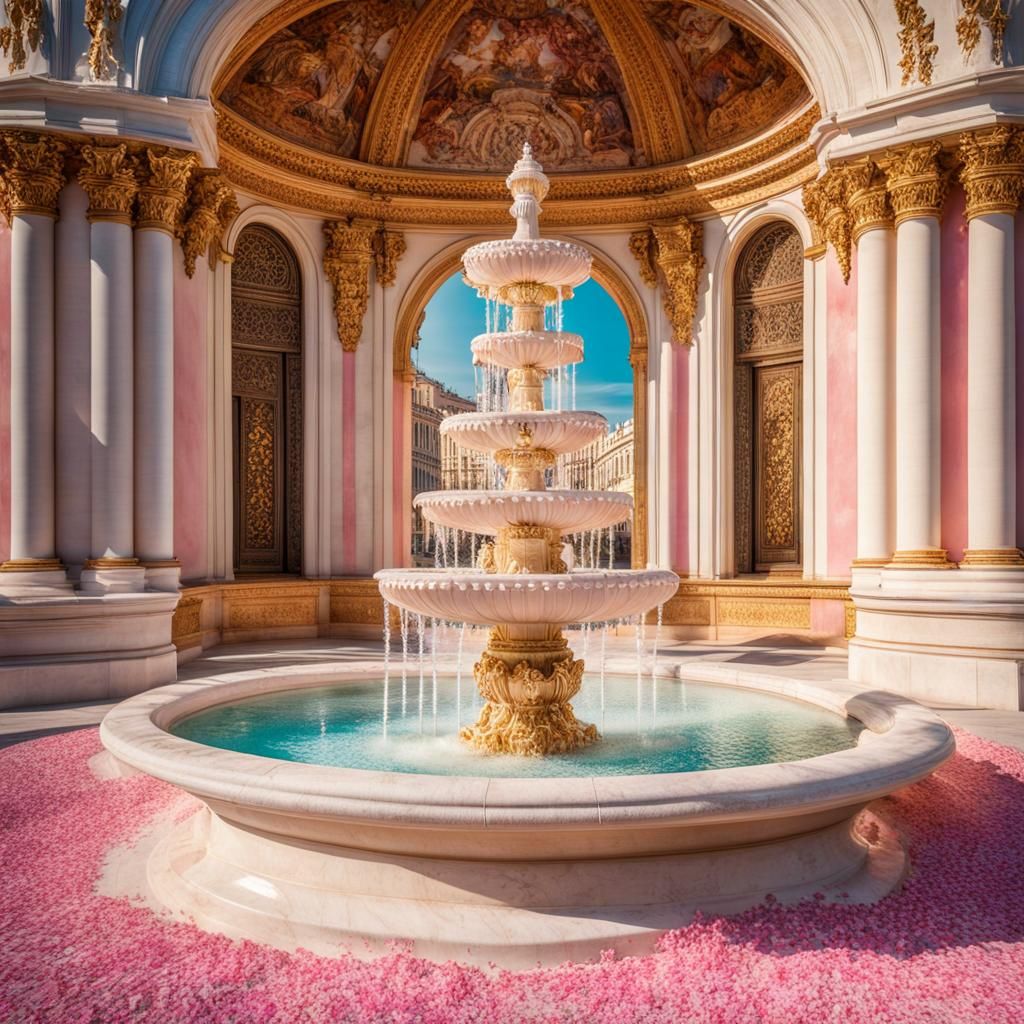Confetti Swirling Around Marble Fountain in Pastel Shades