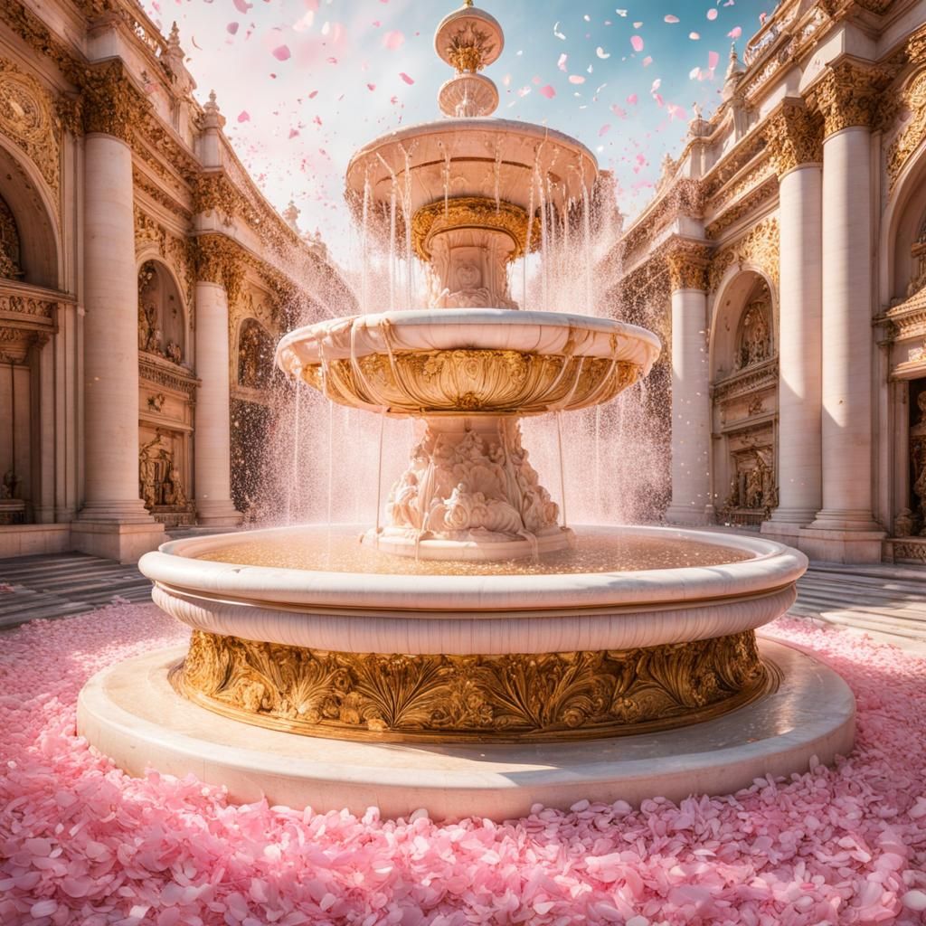 Confetti Swirls Around Ornate Marble Fountain