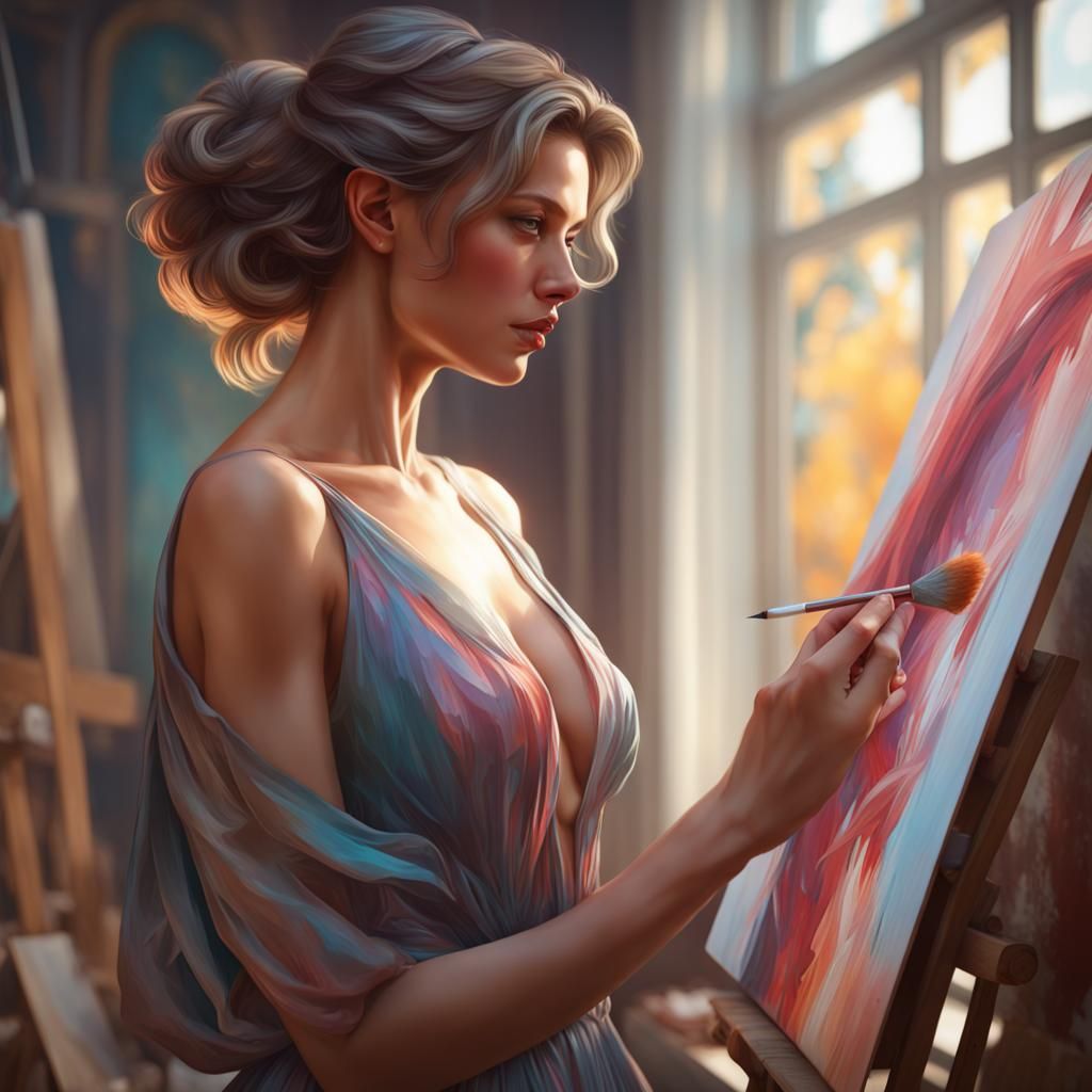 Woman Painting: Hyperdetailed Portrait in Art Nouveau Style