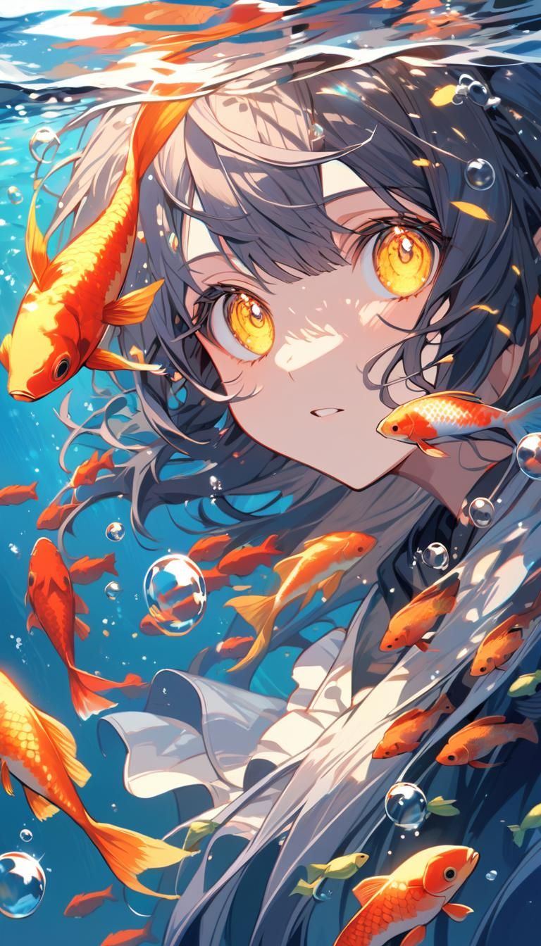 Anime Girl Underwater with Koi Fish: Sparkling Eyes