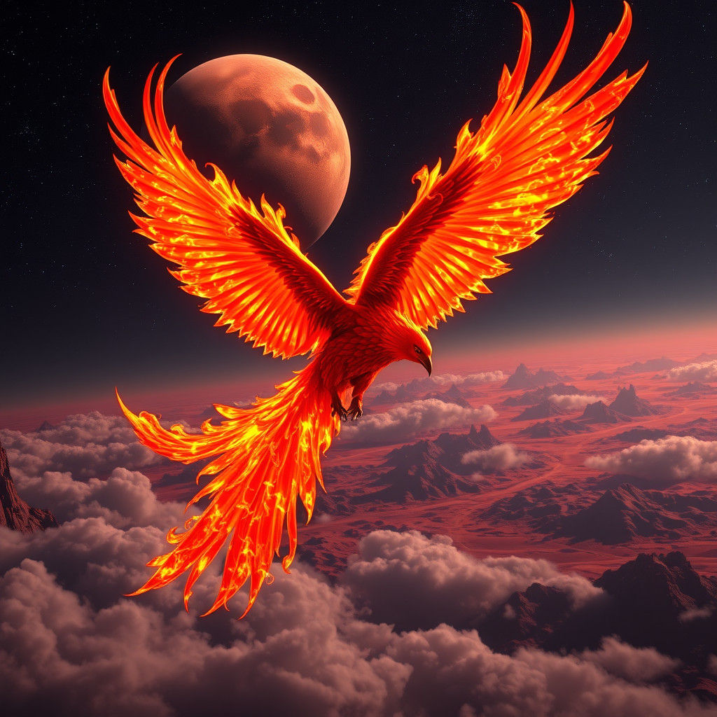 Fiery Phoenix Soaring Over Mars in Digital Painting Style