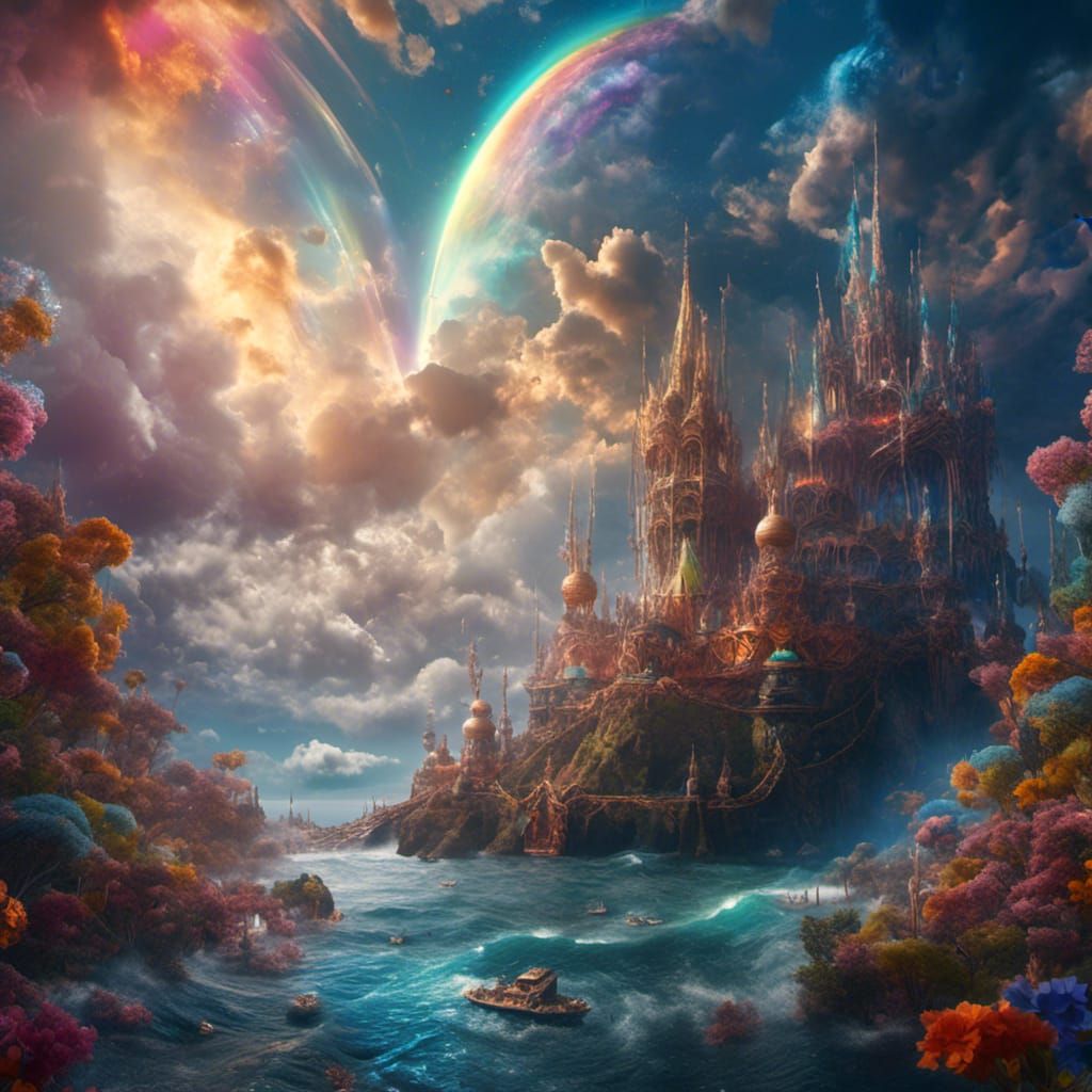 Moon Goddess Crying Tears into Rainbow Sea