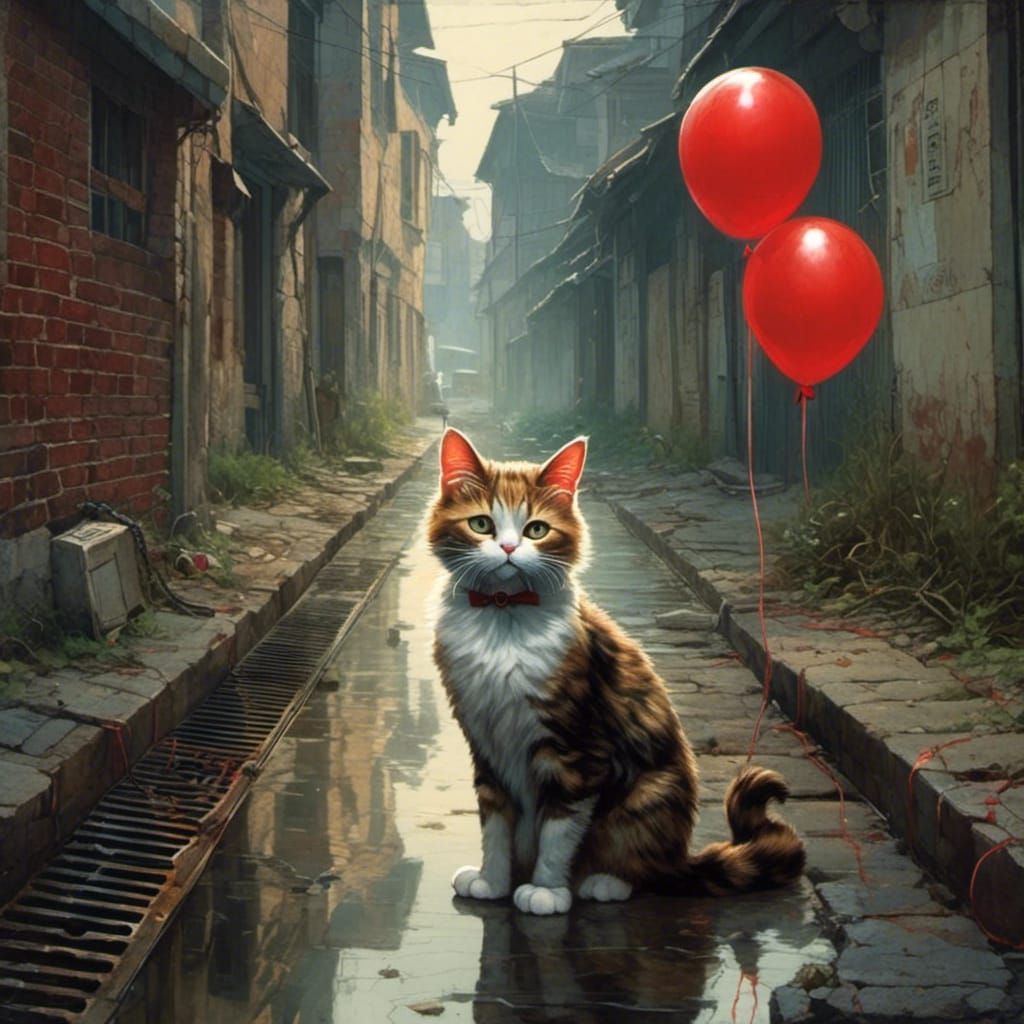 Creepy Clown Cat with Red Balloon