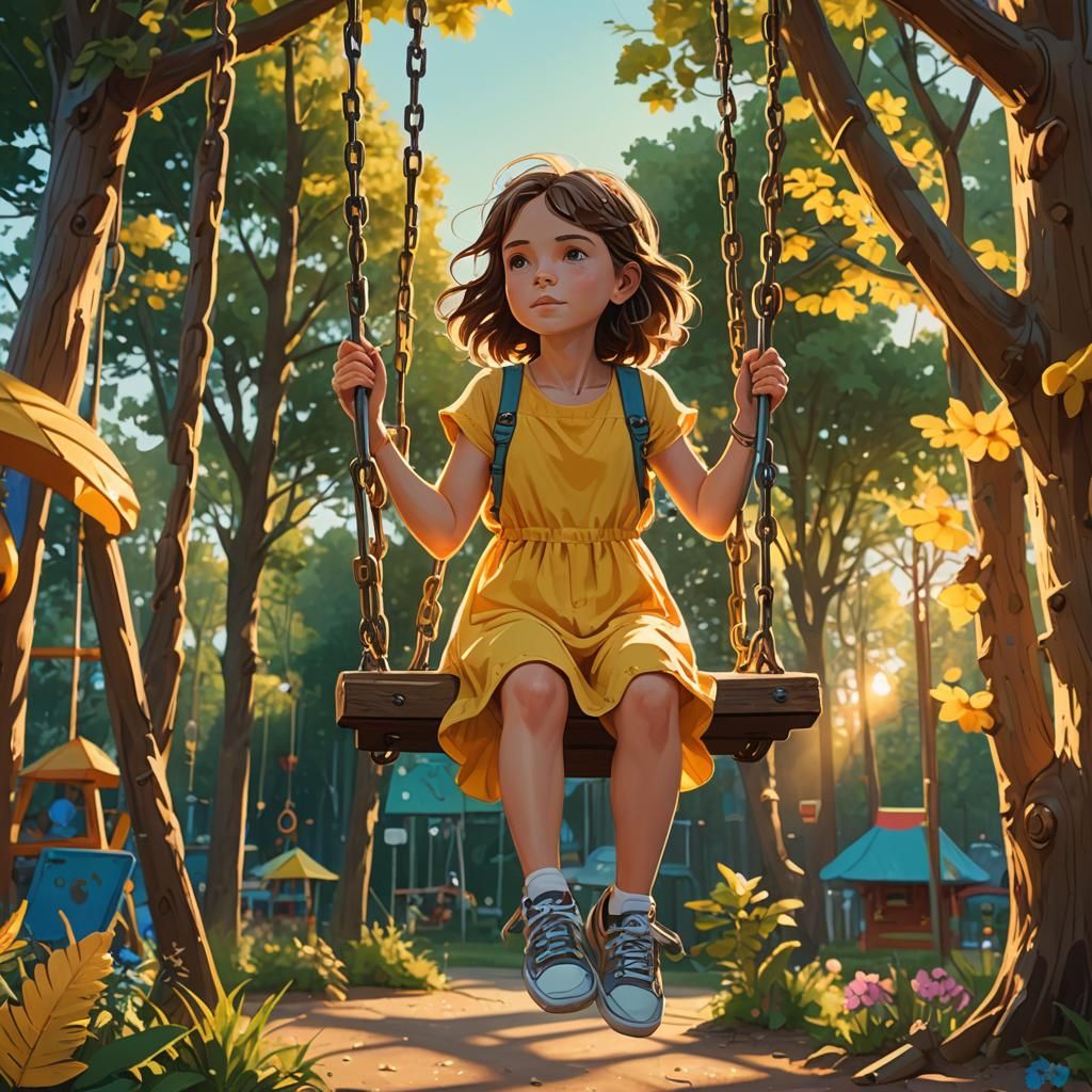 Girl on Swing in Fantasy Playground Art