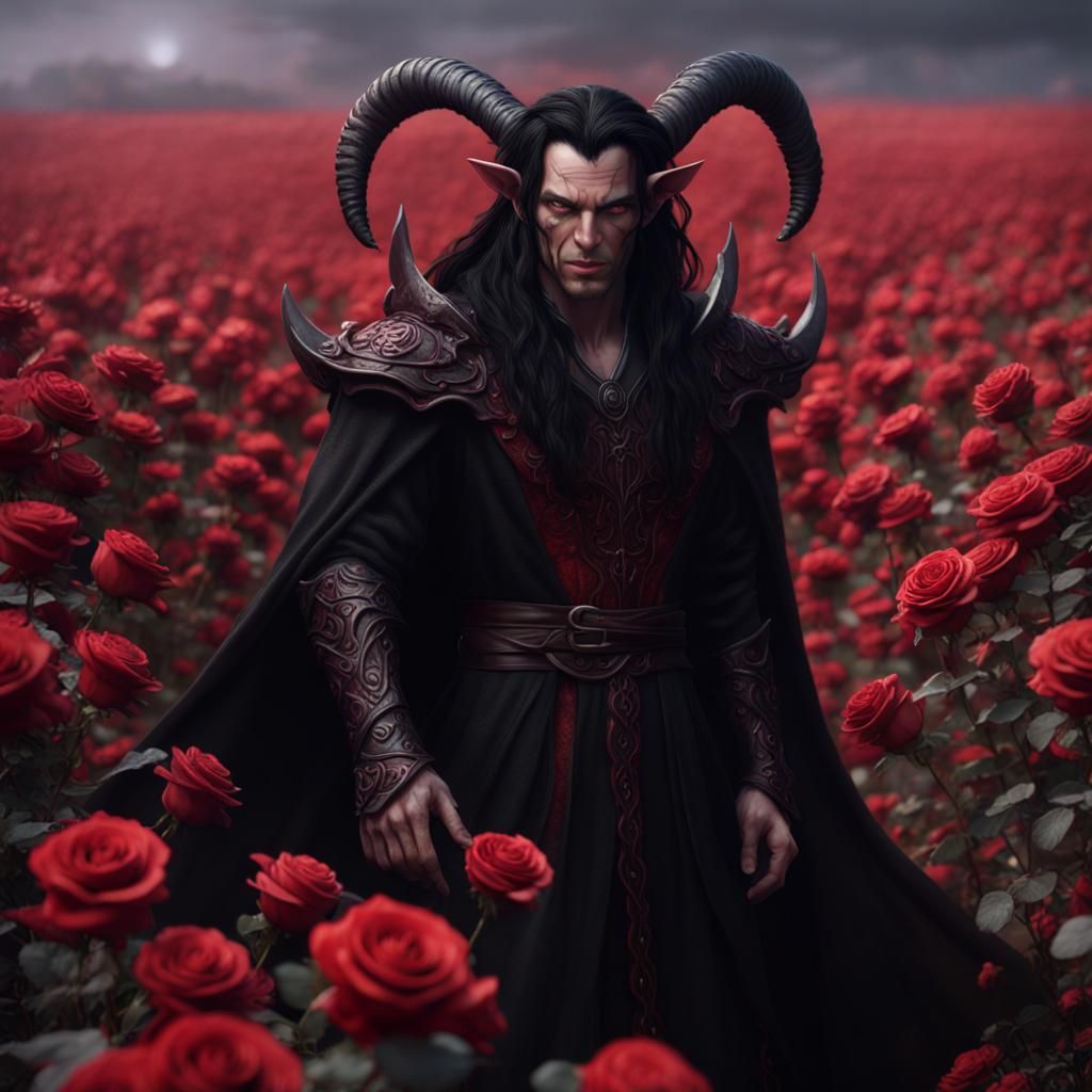 Tiefling in Rose Field: Detailed Fantasy Art