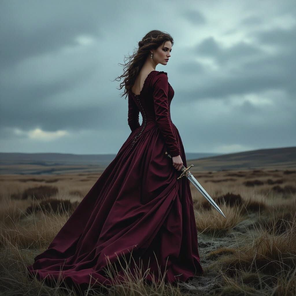 Woman in Crimson Gown on Windswept Moor with Ornate Dagger