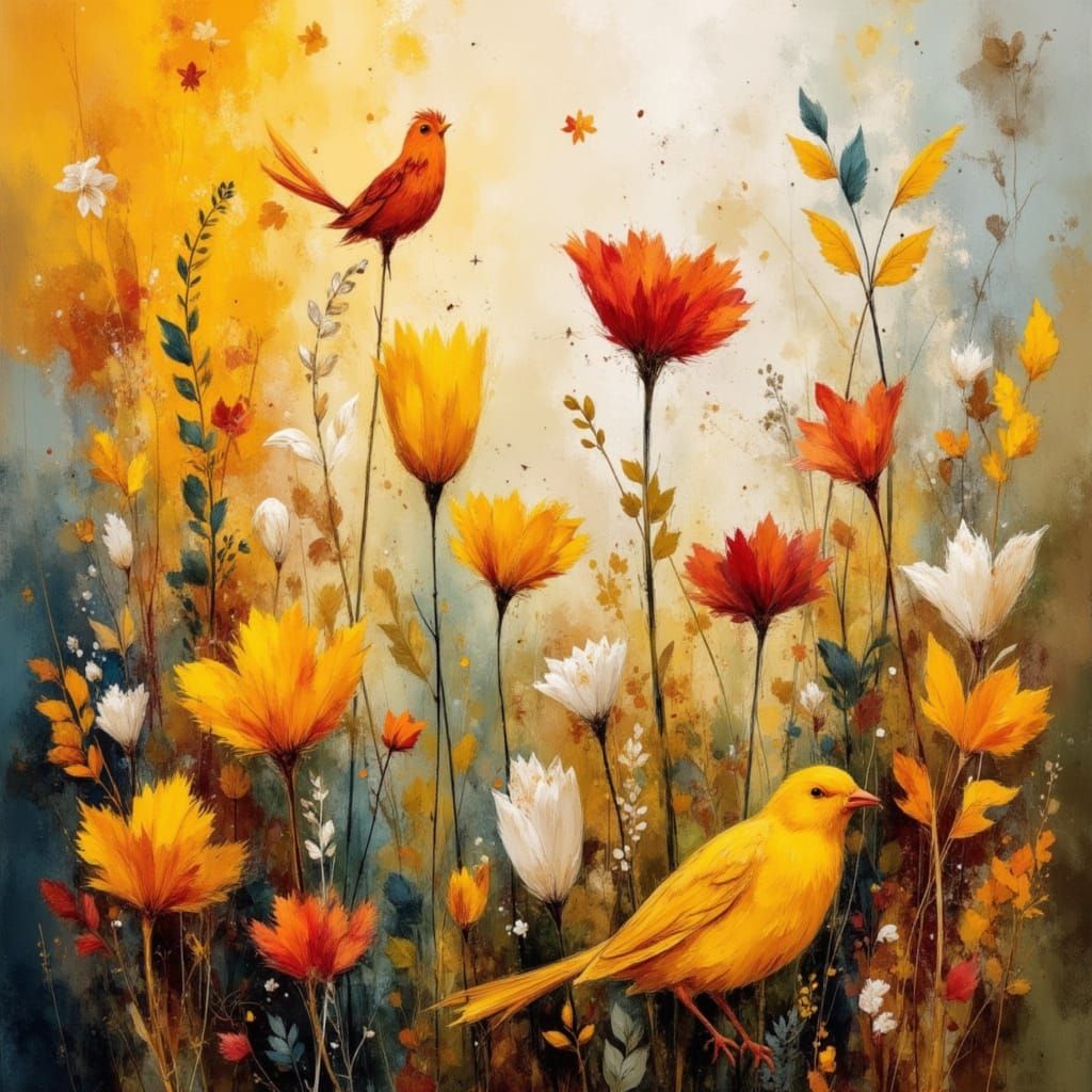 Folk Art Spring Garden in Abstract Style