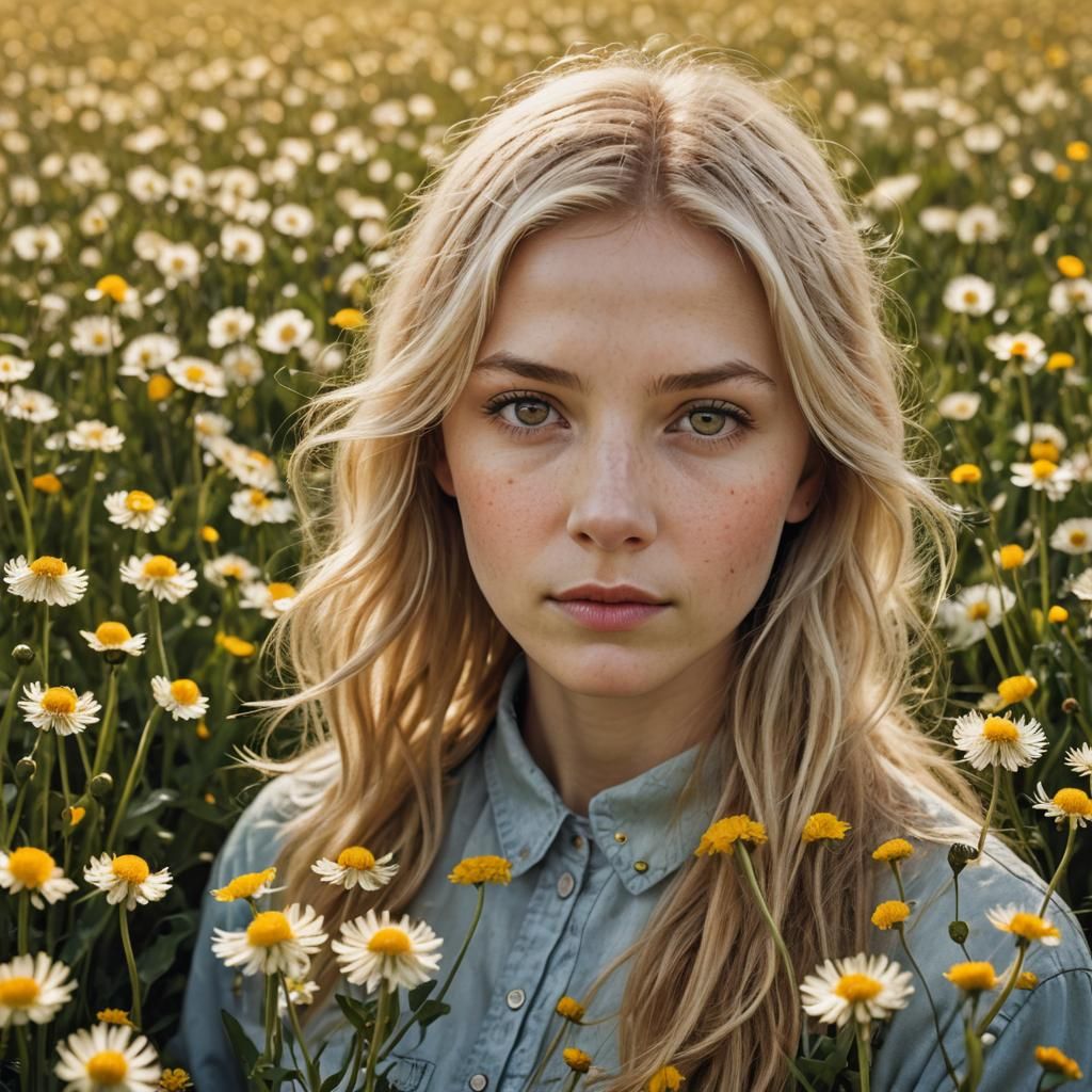 Blonde Woman in Dandelion Field: Digital Portrait