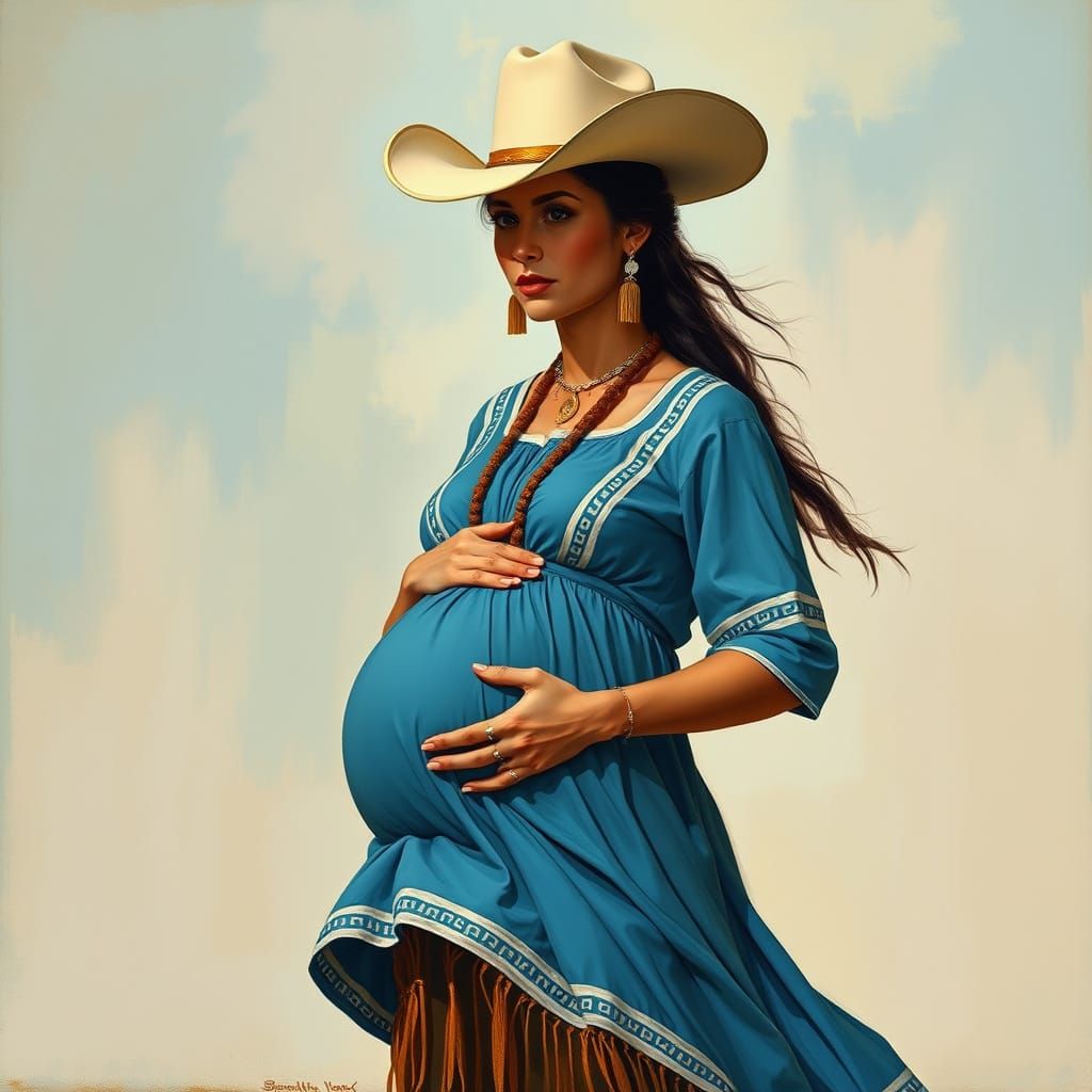 Native Mother Wears Cowboy Hat in Vibrant Folk Art Style