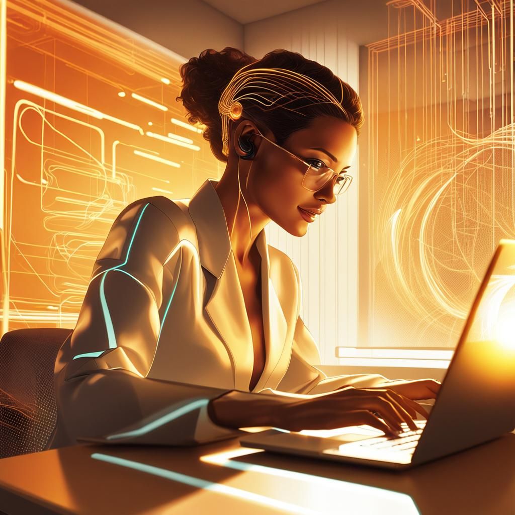Woman Using Netplus Internet in Futuristic Digital Art
