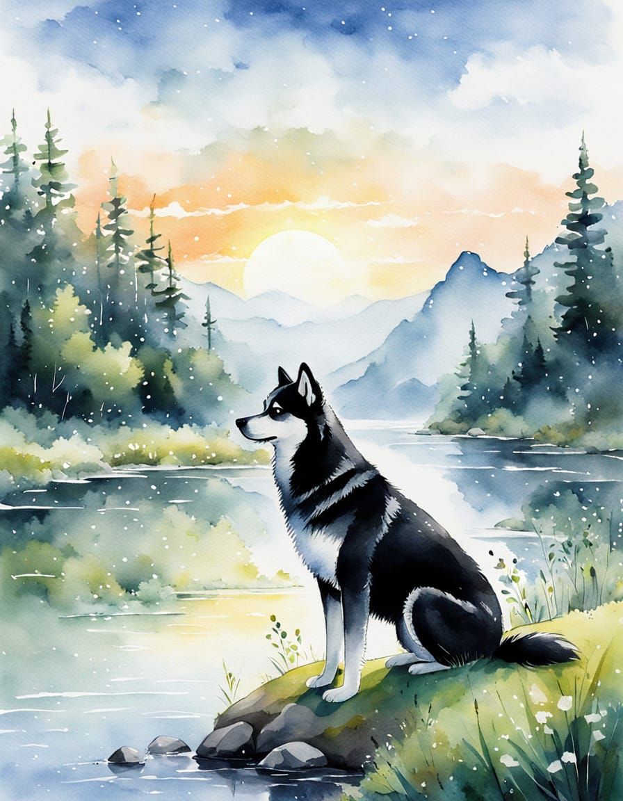 Watercolor Husky in Misty Autumn Morning Landscape